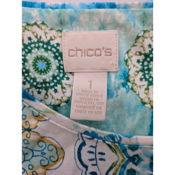 Chico's Top Women M/1 Geo Lagoon Cold Shoulder Tunic Aqua Blue Abstract Stretch - Picture 3 of 12